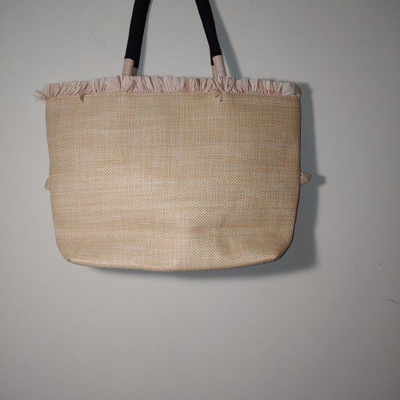 Stella & Dot Embroidered Palm Straw Fringed Tote With Rope Handles - Picture 4 of 11